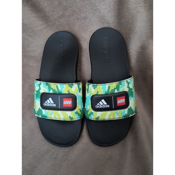 Lightly Used Adidas Adilette Comfort x LEGO Slides Sandals Kids Sz 2 Green - Picture 1 of 6
